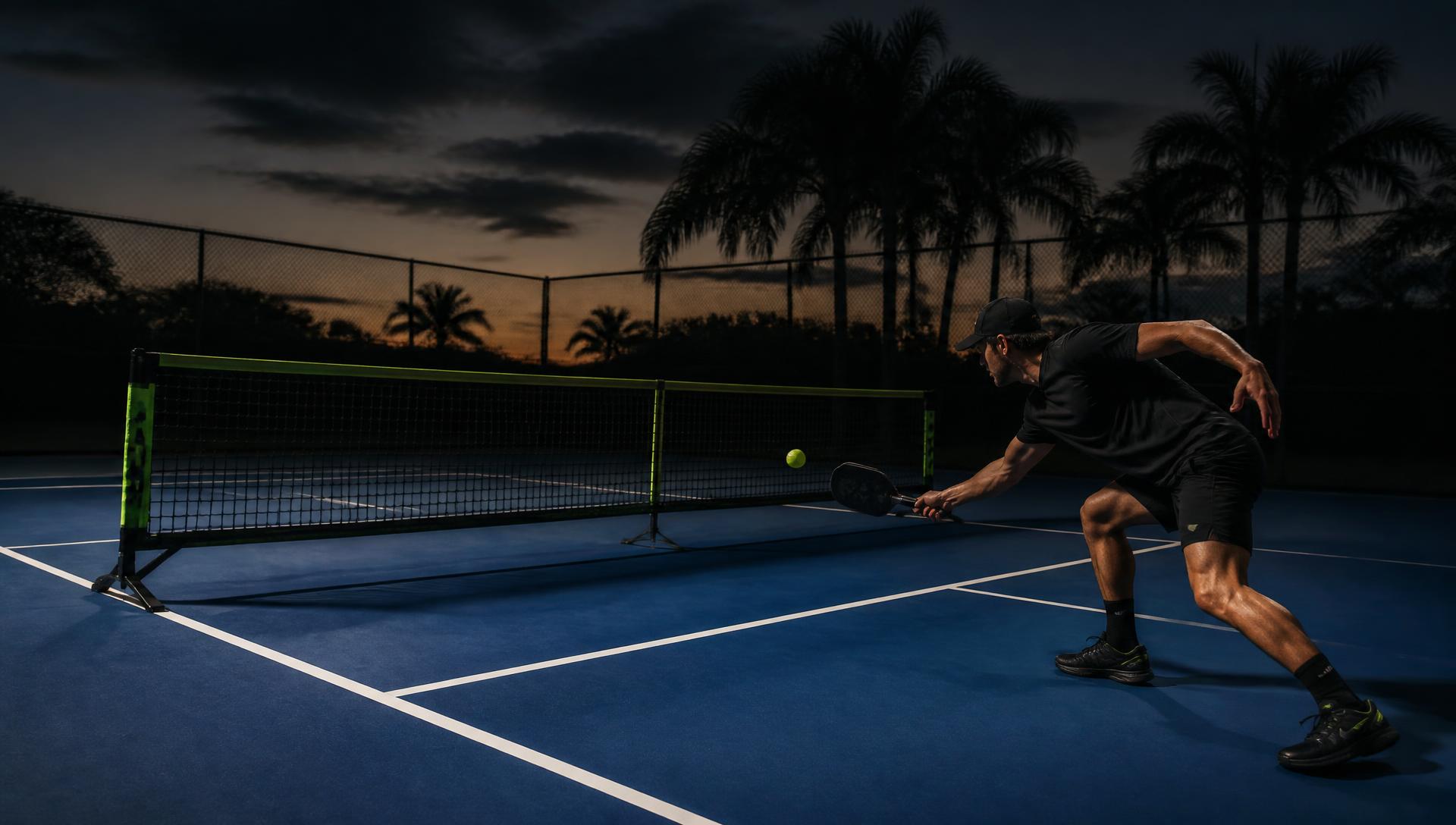 PRONET Gap training system installed above a regulation net on a Florida pickleball court at dusk